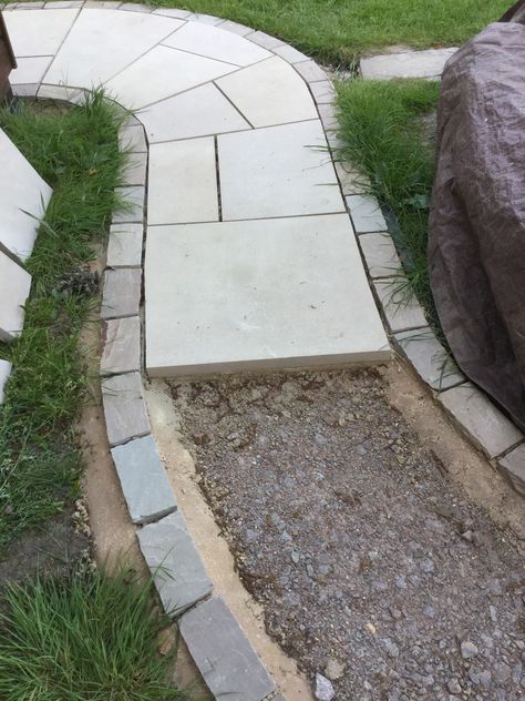 Darleymoor Buff Yorkstone pavers & Indian sandstone mixed colour brick border Stone Outdoor Flooring, Garden Paving Ideas, Brick Border, Indian Sandstone, Patio Driveway, Stone Garden Paths, New Garden Ideas, Paving Ideas, Sandstone Paving