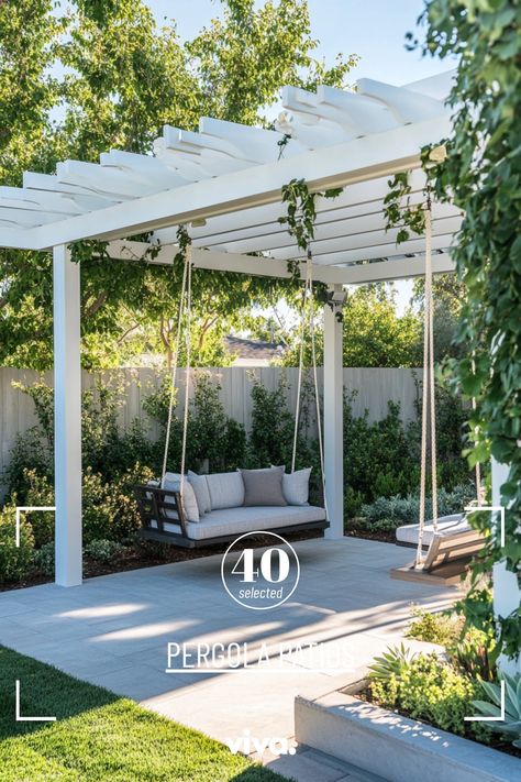 ♥ Are you dreaming of a cozy outdoor space to relax and entertain? Explore this modern covered pergola patio design attached to the house. Get inspired by Mediterranean ideas for shade, wall-mounted aluminum structure, and more. Perfect for small backyards and budget-friendly patio makeovers! 🌿🏡 #patiodesign #backyardideas #outdoorliving #pergolapatio #modernpatio #homedecorinspo Trellis For Shade Patio, Backyard Patio Designs Modern, Backyard Landscaping With Gazebo, Backyard Pergola Ideas Patio Design, Diy Pergola Attached To House, Pergola With Privacy Wall, Pergola Ideas On A Budget, Redo Backyard, Pergola With Swing