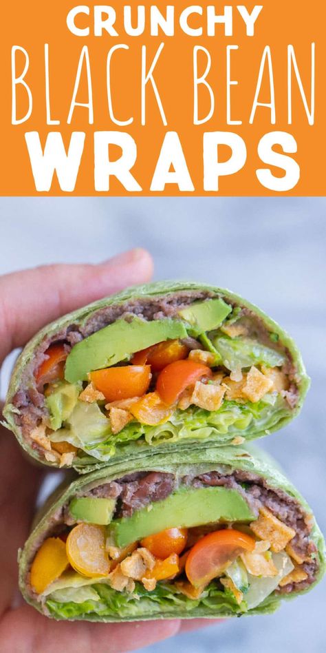 These Crunchy Black Bean Ranch Wraps are quick and easy to prepare and great for a healthy and hearty vegetarian lunch! They're filled with black refried beans, fresh tomato, pickled onion, creamy avocado, lettuce tossed with ranch and crunchy tortilla strips. They're packed with so much flavor and texture! #blackbeanwrap #vegetarian #mealprep #lunchrecipe Black Refried Beans, Vegetarian Mealprep, Ranch Wraps, Pickled Onion, Tortilla Strips, Vegetarian Lunch, Tortilla Wraps, Pickled Onions, Refried Beans