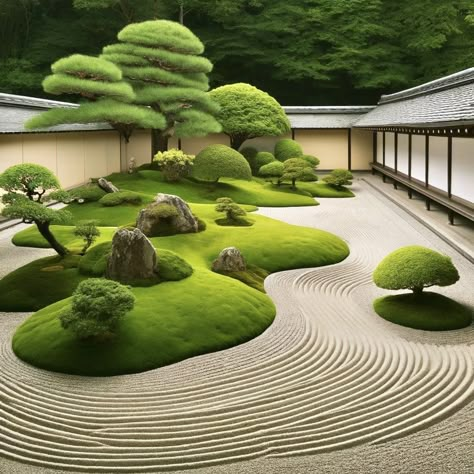 Japanese Trees Landscape, Asian Garden Backyard, Simple Japanese Garden, Japan Garden Design, Japanese Water Feature, Japanese Stone Garden, Japanese Courtyard Garden, Garden Gravel, Jing Y Jang