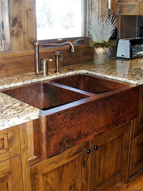 Hammered Copper Sink Kitchen, Earthy Kitchens, Copper Sink Kitchen, Deep Kitchen Sink, Copper Kitchen Accents, Simple Country Home, Copper Farm Sink, Copper Kitchen Sinks, Deep Sink Kitchen