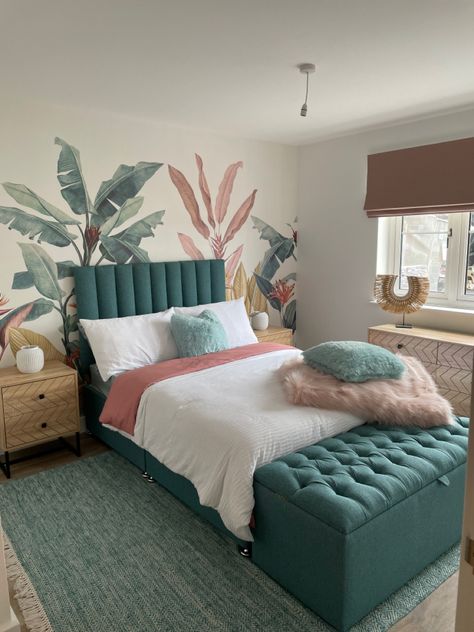 Show home bedroom designed around hovia mural . Bespoke bed and ottoman. Teal Pink White Gold Bedroom, Pink Teal Bedroom, Grey Comforter Bedroom, Teal Girls Room, Teal And Pink Bedroom, White Gold Bedroom, Apartment Shopping, Blush Bedroom, Color Palette Interior Design