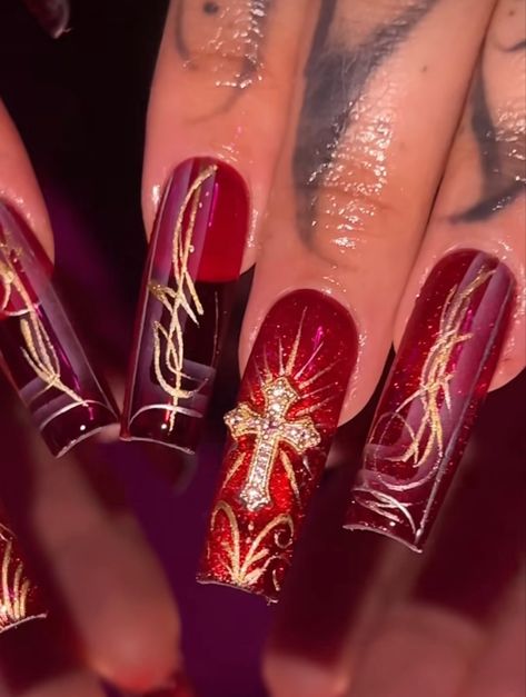 Low Rider Inspired Nails, Italian Nail Designs, Lowrider Nail Designs, Unique Red Nails, Cherry Red Nails Acrylic, Lowrider Nails, Red 90s Nails, Cholo Nails, Kali Uchis Nail Ideas