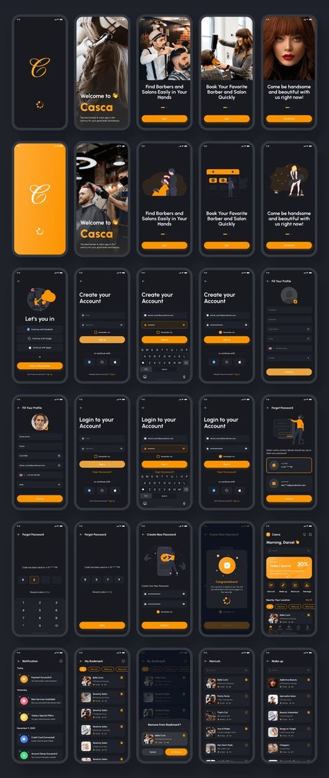 Casca - Barber & Salon App UI Kit Premium &amp; High Quality UI Kit for Barbershop and Salon Booking/Appointment (iOS/Android Support, 170+ Screens, with Design System Included) App Sketch, Web Design Creative, Ux Design Mobile, Saving App, App Design Layout, Ux App Design, Learn Web Development, Android Design, Mobile App Design Inspiration