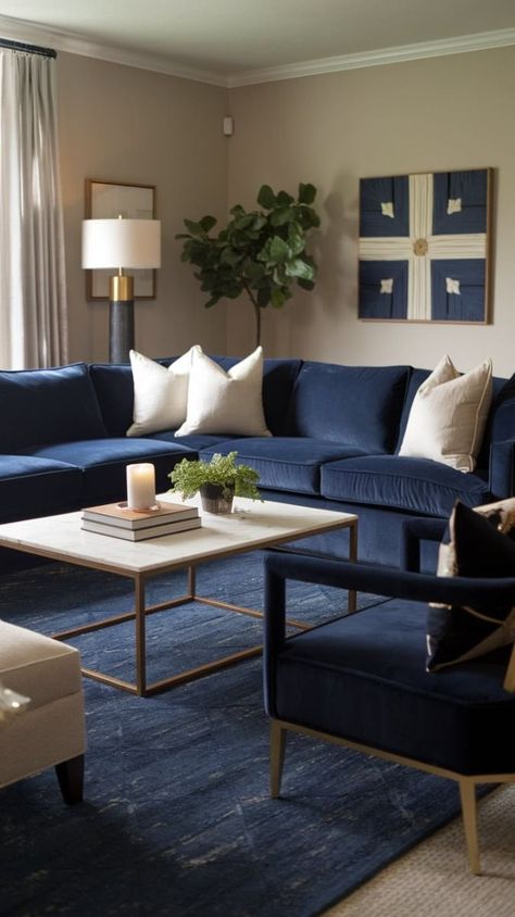 Lounge Room Ideas Blue Couch, Decor For Blue Couch, Living Room Blue Velvet Couch, White And Navy Living Room Ideas, Navy And Brass Living Room, Dark Blue And Beige Living Room, Blue And Ivory Living Room, Navy Decor Living Room, Dark Blue Colour Combinations