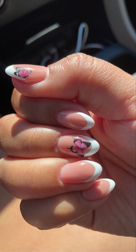 French Tips With Butterflies, Simple Butterfly Nail Art, Nail White French, French Tips With Pink, Gel Nails Shape, White French Tips, Nail White, Prom Nails Silver, Hoco Nails