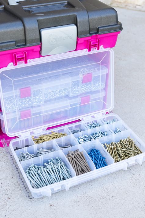 How to stylishly organize and store screws, nails, and other fasteners Screw Organization, Pocket Hole Joinery, Garage Tool Organization, Garage Storage Solutions, Workshop Organization, Tote Organization, Nails And Screws, Shop Organization, Creative Workshop