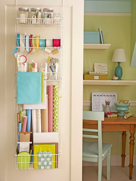 I love this idea for gift wrap organization, but I wish it said where to buy! (PS - Whose gift wrap all coordinates like this? Come on, BHG.) Gömda Rum, Gift Wrap Organization, Wrapping Station, Holiday Storage, Door Organizer, Organization Inspiration, Creative Storage, Craft Room Office, Clever Storage