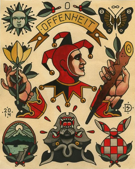 Jester Tattoo, Journey Tattoo, Medieval Tattoo, Tarot Tattoo, Tattoos Mandala, Traditional Tattoo Sleeve, Traditional Flash, Flash Sheet, Tattoo Flash Sheet