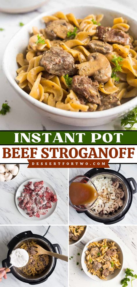 Get your pressure cooker ready and try this family dinner recipe! You'll love this homemade beef stroganoff in the Instant Pot. Complete with tender stew meat, mushrooms, and creamy noodles, it's the perfect comfort food! Stroganoff Recipe Instant Pot, Beef Stroganoff Stew Meat, Instant Pot Beef Stroganoff, Creamy Noodles, Beef Stroganoff Recipe, Mom Recipes, Real Foods, Recipes With Few Ingredients, Potted Beef