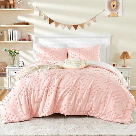 PRICES MAY VARY. 🌸🌸【Material】The pink boho tufted king size bed set is made of 100% brushed microfiber material. Super soft and breathable and great for all seasons. It creates a comforting and calming sleep environment to help kids get the rest they need. 🌸🌸【Unique Pom Pom Tufts Design】The pink decorative pom pom tufts with diamond motifs makes your bedroom unique and luxurious. Simple and sophisticated jacquard tufted embroidery pattern design brings unique and luxury look to any room. 🌸? Solid Bedding, Kids Comforter Sets, Pink Comforter, Kids Comforters, Kids Bedding Sets, Euro Sham, Pink Bedding, Intelligent Design