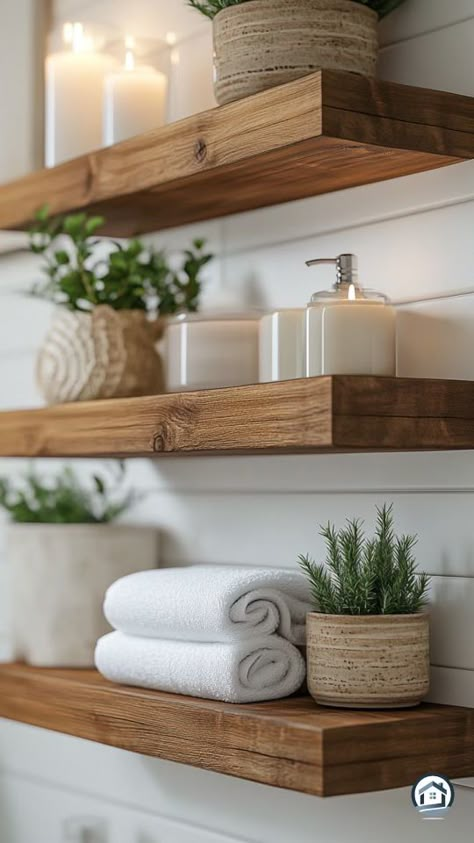 Towels In Baskets In Bathroom, How To Style Bathroom Shelves, Restroom Wall Decor Ideas, Wooden Shelves Bathroom, Spa Style Bathroom Ideas, Bathroom Wooden Shelves, Bathroom Spa Decor Ideas, Spa Shelves, Bathroom Wall Decor Ideas