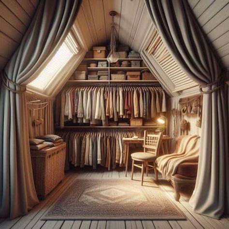 Elevate Your Closet: 18 Attic Storage Ideas for Clothes - True Canadian Finds A Frame Closet, Closet In Attic, Attic Closet Ideas Angled Ceilings, Tiny Attic Ideas, Storage Ideas For Clothes, Attic Storage Shelves, Attic Storage Ideas, Attic Closet Ideas, Small Attic Spaces