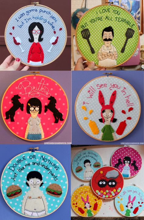 Bobs Burgers Embroidery Patterns, Diy Bobs Burgers, Bobs Burgers Embroidery, Bobs Burgers Gifts, Circle Coasters, Belcher Family, Bobs Burger, Iconic Lines, Bob's Burgers