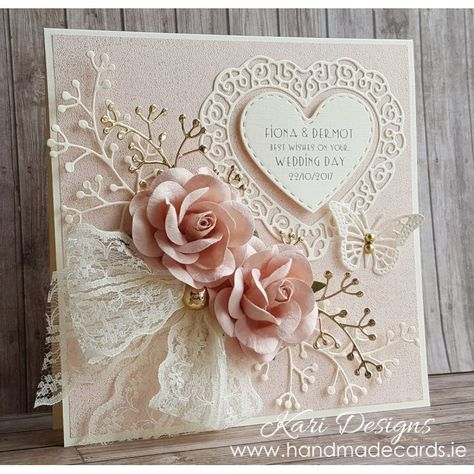 Beautiful Handmade Wedding Card Homemade Wedding Cards, Embossing Cards, Card With Flowers, Wedding Day Cards, Vintage Wedding Cards, Handcrafted Cards, Homemade Wedding, Shabby Chic Cards, Wedding Cards Handmade