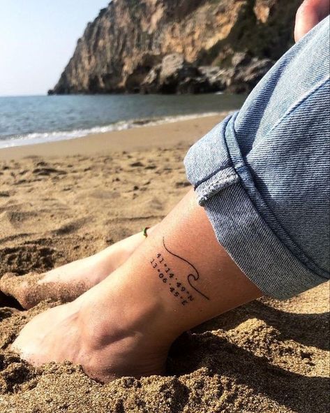 Wave Tattoo With Coordinates, Coordinates Tattoo Wave, Beach Love Tattoo, Coordinates Tattoo With Wave, Beach Coordinates Tattoo, Sunshine Word Tattoo, Beach Aesthetic Tattoo, Florida Themed Tattoos, Vacation Tattoo Ideas