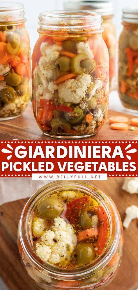 Giardiniera {Pickled Vegetables} Mediterranean Canning Recipes, Easy Vegetable Pickling Recipes, Picked Garlic Recipes, Pickles Vegetables Recipe, Pickles Veggies Recipe, Gardinera Recipes, Homemade Pickle Flavors, Pickled Veggies Recipe Jars, Canning Vegetables Recipes