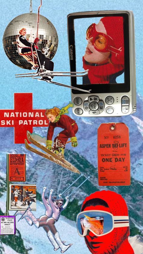 Ski Collage, Vintage Skiing Aesthetic, Ski Pack, Aspen Ski, Skiing Aesthetic, Ski Aesthetic, Apres Ski Party, Vintage Ski Posters, Alpine Style