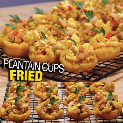 Jamaican Canapes, Jamaican Wedding Food Buffet, Jamaican Fingerfood, Plantain Appetizer Recipes, Caribbean Canapes, Jamaican Brunch Ideas, Caribbean Brunch Ideas, Jamaican Party Ideas, Plantain Cups Recipes