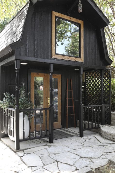 MEET AN ADU NAMED BUNGALOW — Urbanology Designs Dark Tiny House, Bungalow Style Interior, Black Cabins, Modern Cottage Interior Design, California Style Interior, Urbanology Designs, Black Bungalow, Converted Shed, Moody Interior Design