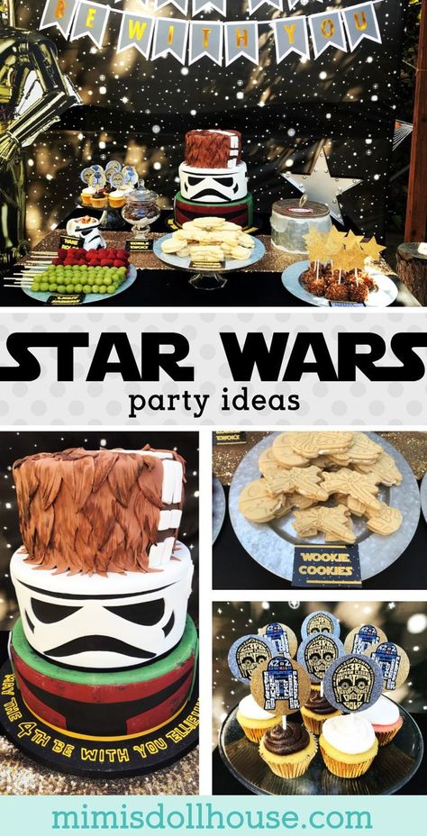 Star Wars Party: May the FOURS be with you!  Looking for Star Wars party birthday decorations ideas? This party is full of fun Star Wars party ideas and fun star wars treats! #starwars #birthdayparty #decorations via @mimisdollhouse Star Wars Party Ideas, Star Wars Party Decorations, Birthday Star Wars, Adult Party Themes, Party Ideas For Kids, May The Fourth Be With You, Star Wars Cake, Star Wars Diy, Star Wars Birthday Party