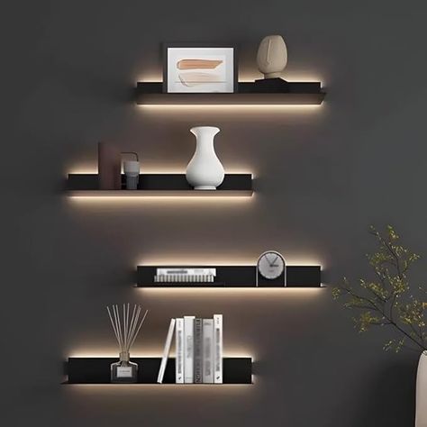 Floating Wall Shelves, Wall Shelf Built-in LED Light Aluminum Alloy Light-Emitting Shelves, Storage Bookshelf, for Bedroom Living Room Bathroom, 1PCS (Color : Black, Size : 120x23x7.5cm) : Amazon.ca: Home Led Wall Shelf, Led Light Shelves, Black Floating Shelves Bedroom, Wall Shelf Decorating Ideas, Black Floating Shelves Living Room, Bedroom Wall Shelves, Bookshelf For Bedroom, Medals Display, Black Wall Shelves