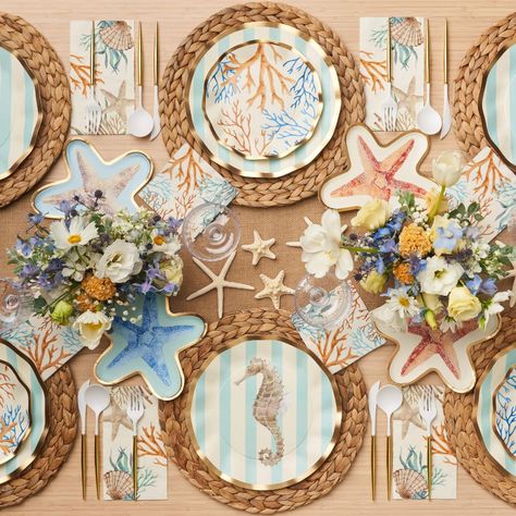 These ruffled foil edge plates elegant underwater wonders such as starfish, seahorse, and corals framing up your salad perfectly! They will not believe that these are paper plates! Quantity: The pack contains 8 plates. Material: Paper Size: 8", perfect for side dishes, salads, cake, and more! Color: Coral imagery against blue and white stripes with Gold Trim Click To See Our La Mer Collection Beach Table Settings, Beige Party, Coastal Dining Room, Beach Table, Coastal Dining, Seaside Living, Coral Design, Salad Dessert, Perfect Appetizers