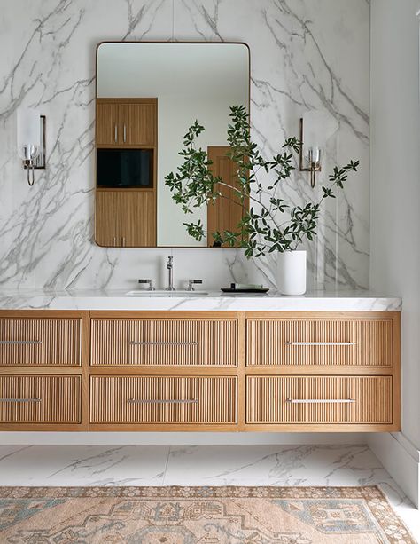 Floating Cabinets, Marble Tile Floor, Transitional Bathroom, Vanity Design, Home Luxury, Marble Bathroom, Bathroom Renos, Wooden Cabinets, House Bathroom