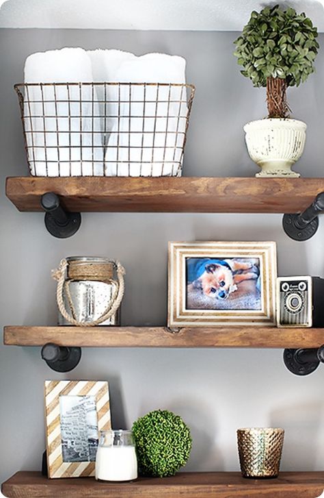 Reclaimed Wood and Metal Wall Shelves {Restoration Hardware inspired} Floating Shelves With Metal, Rustic Wood Shelving, Diy Restoration Hardware, Restoration Hardware Inspired, Metal Wall Shelves, Decor Ikea, Wooden Bathroom, Floating Shelves Diy, Industrial Shelving