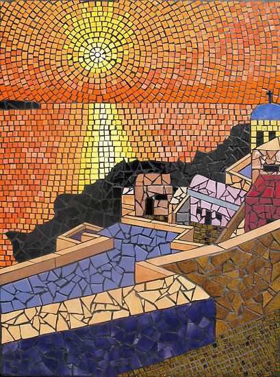 Santorini Sunset by Brett Campbell Mosaic Waves, Mosaic Mural, Santorini Sunset, Mosaic Madness, Mosaic Stained, Mosaic Tile Art, Mosaic Murals, Mosaic Garden, Mosaic Projects