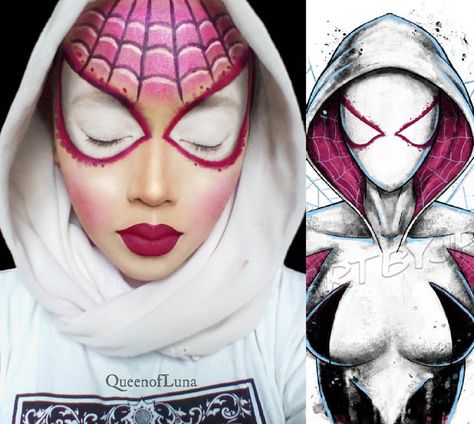 Spider Gwen inspired makeup. Requested by @x__theunbreakable__x Not Hijab Transformation, Spider Gwen Makeup, Spiderwoman Costume, Spiderman Face Paint, Superhero Makeup, Spiderman Makeup, Spider Face Painting, Facial Painting, Spider Makeup