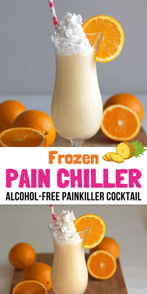 Frozen Painkiller Cocktail, Virgin Frozen Drinks, Tropical Mocktail Recipe, Frozen Mocktail Recipe, Frozen Drinks Nonalcoholic, Virgin Drinks Non Alcoholic, Virgin Daiquiri, Pineapple Calories, Alcohol Free Drink Recipes