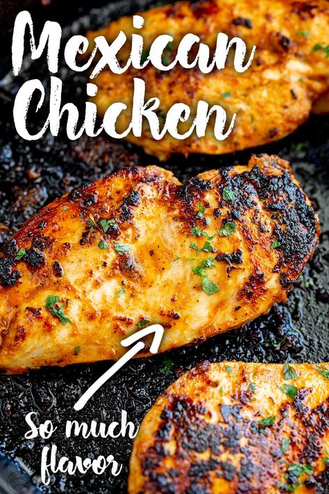 This Mexican chicken is packed with flavor and is a great family-friendly way to cook boneless, skinless chicken breasts. Perfect for a midweek meal. The boneless chicken breasts are marinated in a delicious mixture of spices, garlic, lime, and orange, keeping the breasts juicy and infuses them with plenty of flavor. Perfect for Taco Tuesday! Mexican Recipes With Chicken, Mexican Chicken Breast Recipes, Mexican Chicken Breast, Chicken Breast Dinner, Boneless Skinless Chicken Breast Recipes, Spicy Chicken Breast, Dinner Mexican, Skinless Chicken Breast Recipes, Chicken Breast Dishes