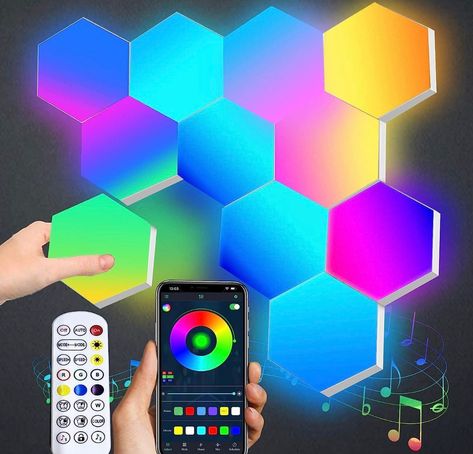 LED Light Panels Gaming Lights for Wall Music Sync, DIY Geometry RGB Room Lights for Gaming Room Living Bedroom Streaming, 7 Panels [Energy Class A] Rgb Room, Led Wall Panels, Gaming Lights, Hexagon Lights, Lights For Wall, Star Lights On Ceiling, Hexagon Wall, Fiber Optic Lighting, Gaming Room Decor