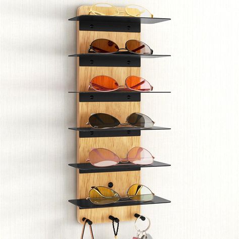 PRICES MAY VARY. 【Convenient Storage】- Put your sunglasses on this sunglass holder to avoid cluttering your desk or drawer and make it easier to choice your glasses. 【More Than for Sunglasses】- This sunglasses display can hold other things such as wallets, etc. The three bottom hooks can also be used to store keys, umbrellas and other items. Avoid forgetting something when you go out. 【Upgraded Design】- Wood sunglasses organizer storage is made of high quality wood and solid metal, stable and st Sunglasses Storage Organizers, Sunglasses Organizer, Eyeglasses Holder, Sunglasses Display, Sunglasses Storage, Sunglasses Holder, Wood Sunglasses, Living Room Entryway, Sunglass Holder