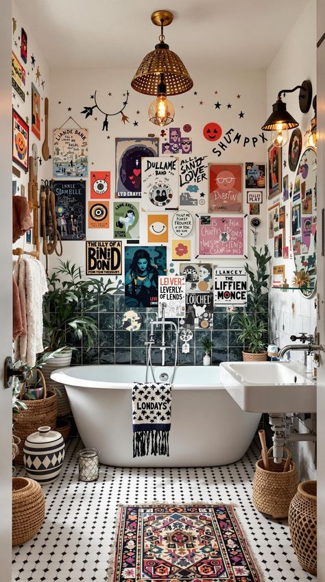 Boho Bathroom Ideas Funky Esthetics Room, Cool Bathroom Decor Unique, Funky Bathrooms Ideas, Small Quirky Bathroom Ideas, Bathroom Ideas Whimsical, Exotic Bathroom Ideas, Vintage Boho Bathroom Ideas, Eclectic Boho Bathroom, Diy Funky Room Decor