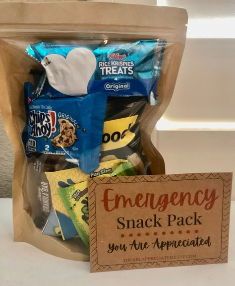 Emergency Snack pack comes as pictured  Bag size 7x10 Snacks may vary Office Thank You Gifts, Cricut Employee Appreciation Gifts, Small Thinking Of You Gifts, Employee Swag Bag Ideas, Work Goodie Bags, Staff Snack Ideas, Cheap Employee Appreciation Gifts, Dsp Appreciation Week Ideas, Goodie Bag Ideas For Adults Work