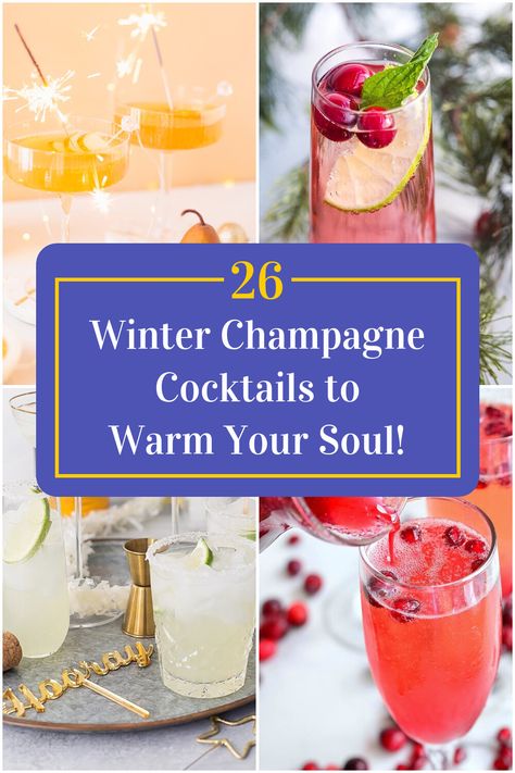 Collage of 4 winter champagne cocktails. Champagne Drinks Christmas, Holiday Drinks Champagne, Festive Champagne Drinks, Holiday Drinks With Champagne, Winter Mimosas, Winter Champagne Cocktail, Champagne Christmas Drinks, Champagne Welcome Drink, Welcoming Drinks