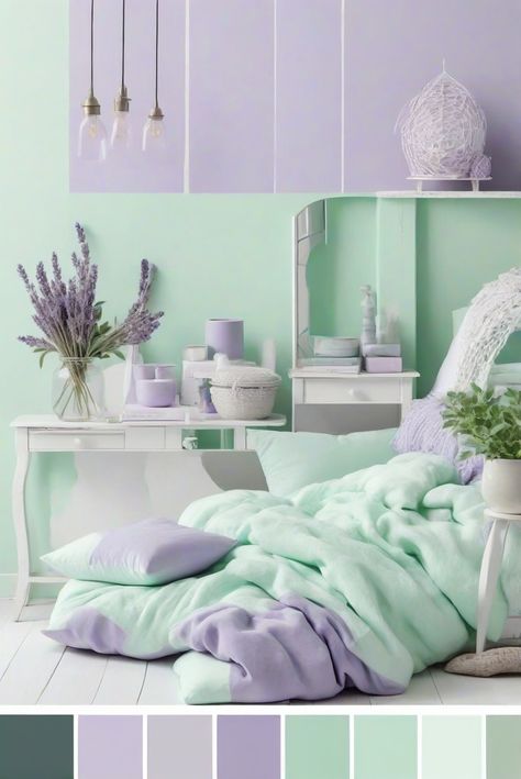 Discover the 5 stunning Sherwin Williams color palettes featuring calming Mint Green and elegant Lavender to transform your room into a serene haven.
#ad  


#Painting
#wallpaint2024
 #color2024
 #DIYpainting
 ##DIYhomedecor
 #Fixhome Lavender Room Ideas Color Combinations, Lavender And Mint Bedroom, Mint Green Room Ideas Bedrooms, Mint Color Room, Mint Green Room Ideas, Colors With Mint Green, Lavender Room Ideas, Lavender Living Room, Green Room Colors