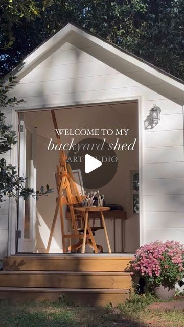 Taelyn K Crosby | We turned a 10x12 shed in our backyard into my own mini art studio and it’s become my happy place 🫶🏼   I love being able to open those... | Instagram Garden Art Studio Ideas, Studio Shed Interior, Art Shed Ideas Backyard Studio, Art Studio Shed, Cottagecore Backyard, Outdoor Art Studio, Mini Art Studio, Backyard Office Studio, Packaging Station