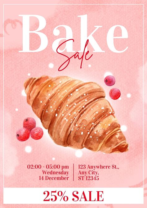 Baking Poster Ideas, Baking Flyers Design, Baking Soon Poster, Bake Sale Flyer Ideas, Pink Graphic Design Poster, Flyer Advertisement Design, Bakery Flyer Design Ideas, Food Product Poster Design, Canva Advertising Ideas