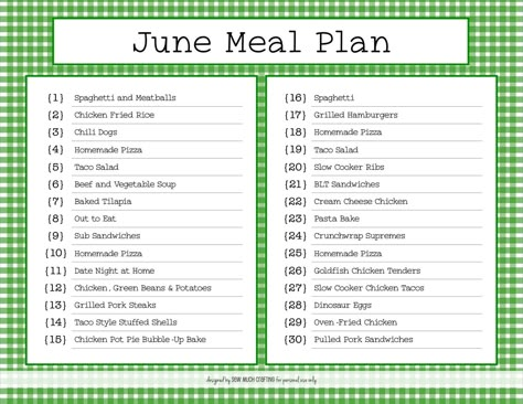 June Meal Plan, July Meal Plan, Grilled Pork Steaks, Monthly Meal Plan, Slow Cooker Chicken Tacos, Hamburgers Grilled, Meal Planning Menus, Slow Cooker Ribs, Chicken Pasta Bake