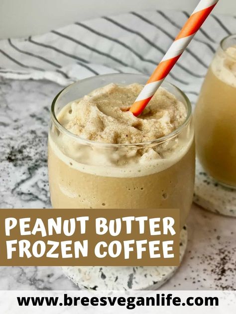 This frozen coffee is super easy to make and it is so delicious! This recipe is vegan and gluten-free and has a peanut butter flavor! Frozen Blended Coffee Drinks, Healthy Frozen Coffee Drinks, Ninja Creami Frozen Coffee, Peanut Butter Coffee Smoothie, Frozen Coffee Recipe, Frozen Coffee Drinks Recipes, Butter Coffee Recipe, Flavored Coffee Recipes, Frozen Coffee Drinks