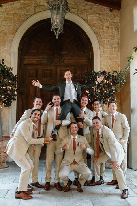 Cream Groom Suit, Bridesmaid Dresses Cream, Tan Groomsmen Suits, Tan Suit Wedding, Tan Groomsmen, August Wedding Colors, Dusty Rose Bridesmaid, Wedding Groomsmen Attire, Groom And Groomsmen Suits