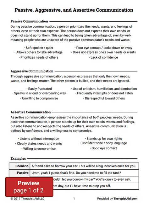 Passive, Aggressive, and Assertive Communication (Worksheet) | Therapist Aid Passive Communication Style, Passive Aggressive Vs Assertive, Communication Worksheets For Adults, Communication Worksheets, Personal Mastery, Positive Communication, Relationship Repair, Dbt Therapy, Counseling Techniques