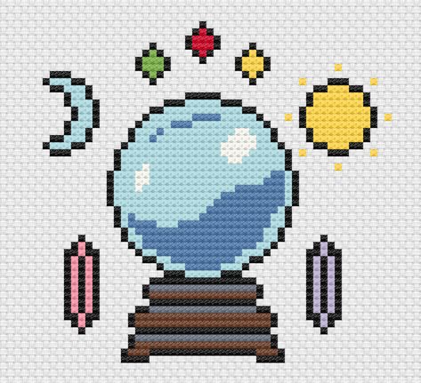 Free Witchy Cross Stitch Patterns, Tarot Cross Stitch Patterns, Mystical Cross Stitch, Mtg Cross Stitch, Crystal Ball Cross Stitch, Pagan Cross Stitch, Cross Stitch Harry Potter, Magic Crafts, Crystal Embroidery