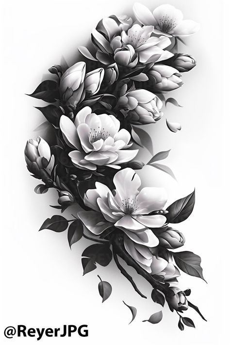 Discover a stunning black and white floral tattoo design perfect for your next ink inspiration. This intricate artwork showcases beautifully detailed magnolia flowers and leaves, ideal for those seeking a delicate yet bold statement piece. Whether you love floral styles or are looking for something unique, this design offers versatility for any placement. Explore creative tattoo ideas that celebrate nature's beauty! #TattooDesigns #FloralTattoo #MagnoliaTattoo #TattooInspiration #BodyArt Black And White Floral Tattoo, White Floral Tattoo, Magnolia Tattoos, Flowers Tattoo Design, Tattoo Side, Creative Tattoo Ideas, Magnolia Tattoo, Intricate Artwork, Creative Tattoo