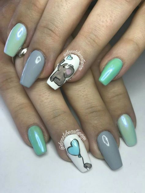 Elephant Nails Acrylic, Elephant Nail Art Design, Elephant Nail Designs, Baby Boy Nails Designs, Elephant Nail Art, Baby Shower Nails Boy, Baby Boy Nails, Elephant Nails, Shower Nails