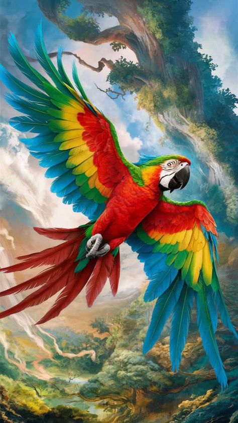 About the parrot

A vibrant and dynamic illustration of a large, multicolored parrot soaring majestically across the sky. It appears to be in mid-flight, its feathers radiating a multitude of colors from reds, greens, blues, and yellows. The background showcases a vast, lush forest with towering trees, intricate foliage, and a hint of a winding river. The overall atmosphere of the image is lively and full of energy, with the parrot as the focal point of the scene. Cute Parrot Art, Flying Parrot Drawing, Colourful Parrot, Blue And Gold Macaw Drawing, Parrot Illustration, Tropical Parrot Painting, Green Parrot Painting, Dynamic Illustration, Flying Parrot Painting