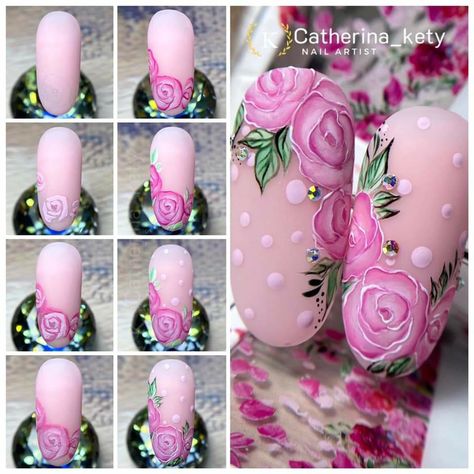 Rose On Nails, Pink Flower Drawing, Uñas Coquette, Tropical Nail Art, Draw A Rose, Diamond Nail Designs, Tape Nail Art, Kawaii Nail Art, Henna Art Designs